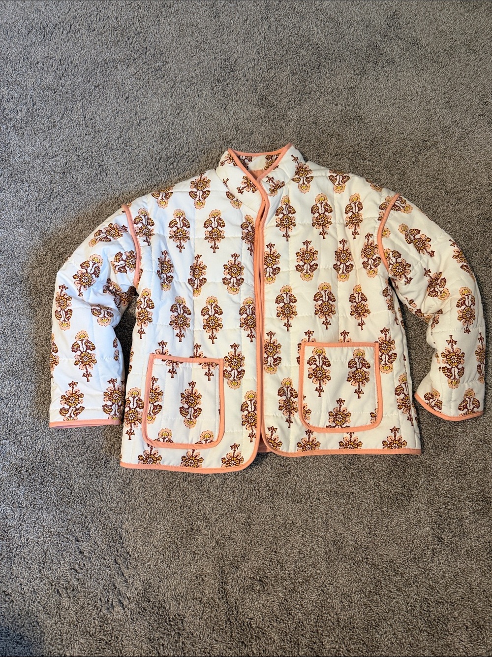 Quilted Floral-Print Jacket with Peach Trim